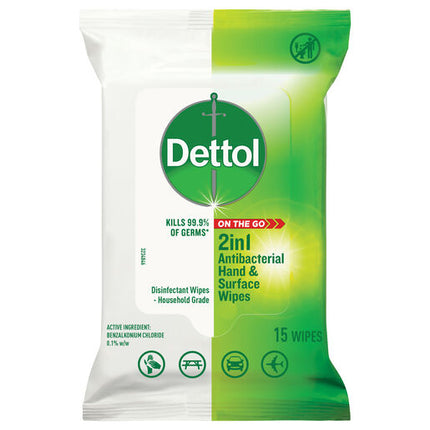 Dettol 2 in 1 Hands and Surfaces Antibacterial Wipes 15 Pack