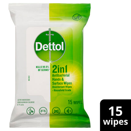 Dettol 2 in 1 Hands and Surfaces Antibacterial Wipes 15 Pack