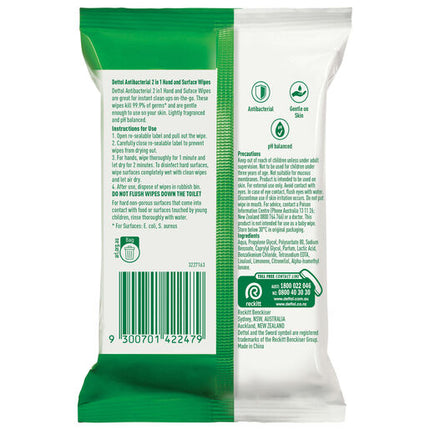 Dettol 2 in 1 Hands and Surfaces Antibacterial Wipes 15 Pack