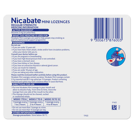 Nicabate Mini Lozenge Stop Smoking Nicotine 2mg Regular Strength Mint 60 Pack