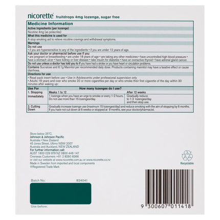 Nicorette Quit Smoking Extra Strength Nicotine Lozenge Fruitdrops 8 x 20 Pack