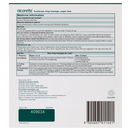 Nicorette Quit Smoking Regular Strength Nicotine Lozenge Fruitdrops 8 x 20 Pack
