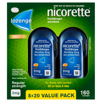 Nicorette Quit Smoking Regular Strength Nicotine Lozenge Fruitdrops 8 x 20 Pack