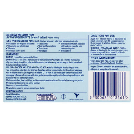 Disprin Direct Chewable Pain Relief Tablets 300mg Aspirin 24 pack
