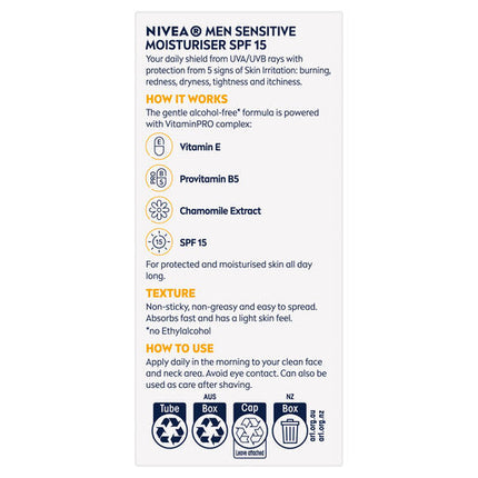 Nivea Men Sensitive Protective Moisturiser Spf15+ 75Ml