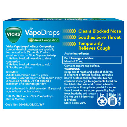 Vicks VapoDrops +Sinus Congestion Lemon Menthol 16 Lozenges – Cough & Cold