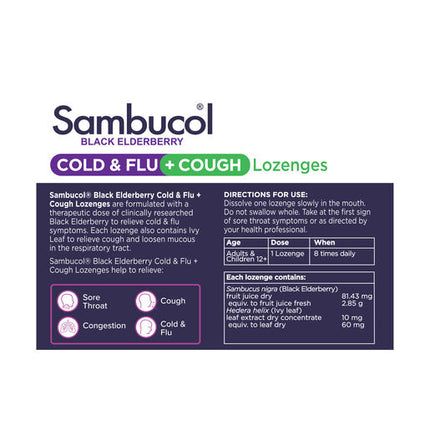 Sambucol Black Elderberry Cold & Flu + Cough Medicated Liquid Centre Lozenges