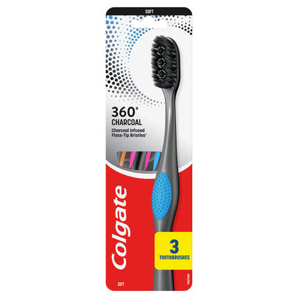 Colgate 360 Charcoal Manual Toothbrush, 3 Pack, Soft Spiral Antibacterial Bristles, Whole Mouth Clean