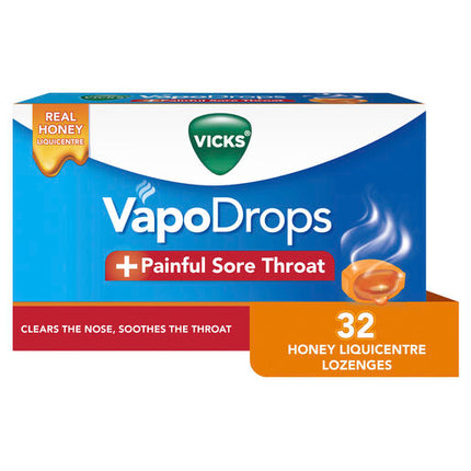 Vicks VapoDrops +Painful Sore Throat 32 Honey Liquicentre Lozenges – Cough & Cold