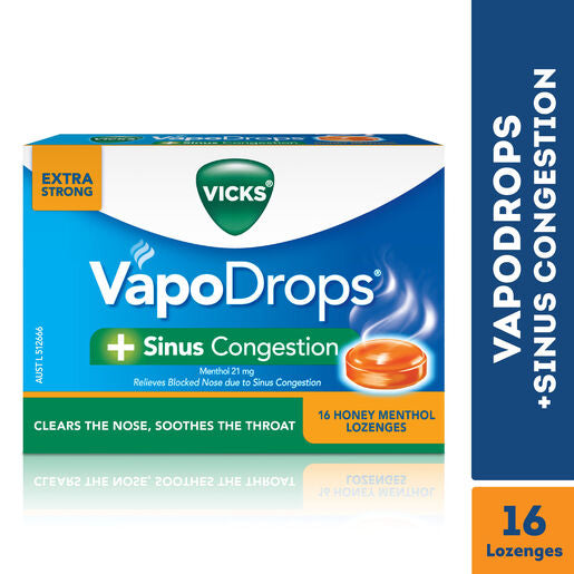 Vicks VapoDrops +Sinus Congestion Honey Menthol 16 Lozenges – Cough & Cold