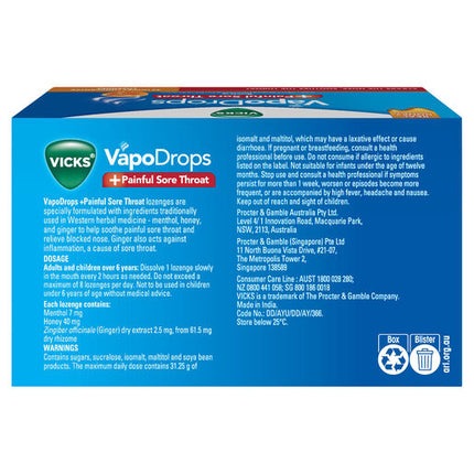 Vicks VapoDrops +Painful Sore Throat 32 Honey Liquicentre Lozenges – Cough & Cold