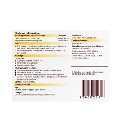 Betadine Sore Throat Lozenges Honey & Lemon 36 Lozenges