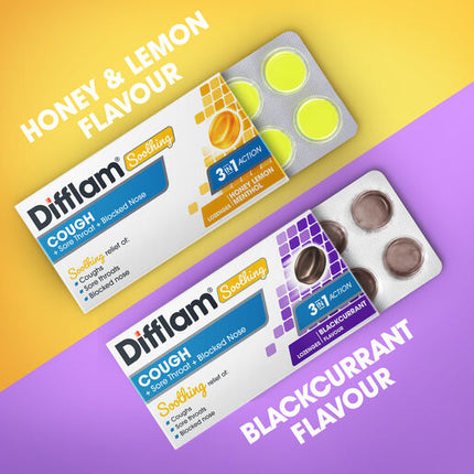 Difflam Soothing Cough + Sore Throat + Blocked Nose Lozenges Blackcurrant 16s