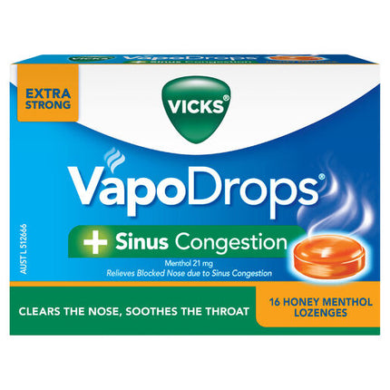 Vicks VapoDrops +Sinus Congestion Honey Menthol 16 Lozenges – Cough & Cold