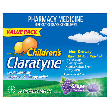 Children'S Claratyne Antihistamine Hayfever & Allergy Relief  Grape Flavoured Chewable Tablets 50 Pack