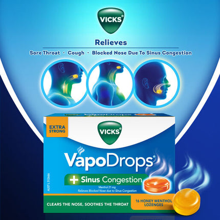 Vicks VapoDrops +Sinus Congestion Honey Menthol 16 Lozenges – Cough & Cold