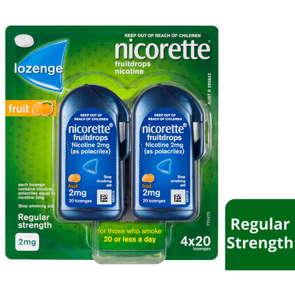 Nicorette Quit Smoking Regular Strength Nicotine Lozenge Fruitdrops 4 x 20 Pack