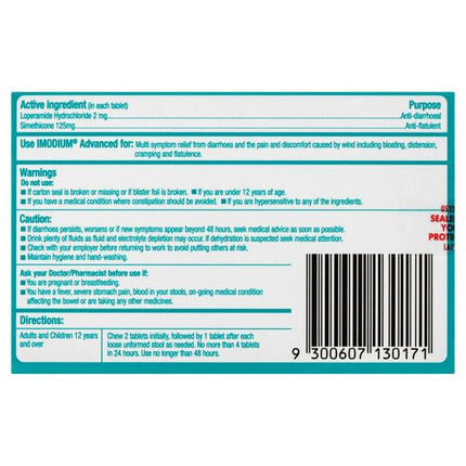 Imodium Advanced Diarrhoea Plus Wind Pain Chewable Tablets Mint Flavour 12 Pack
