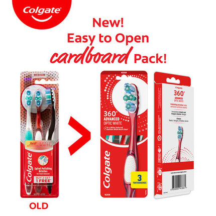 Colgate 360 Advanced Optic White Manual Toothbrush Medium 3 Pack