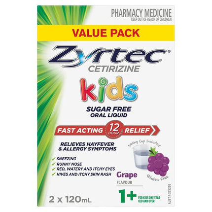 Zyrtec Kids Allergy & Hayfever Relief Antihistamine Grape Liquid 2X120ml Value Pack