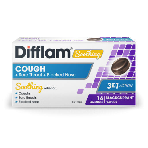 Difflam Soothing Cough + Sore Throat + Blocked Nose Lozenges Blackcurrant 16s
