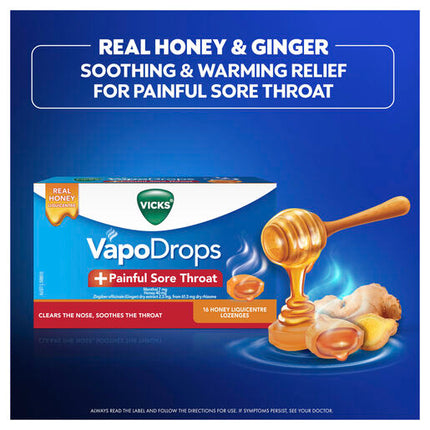 Vicks VapoDrops +Painful Sore Throat 32 Honey Liquicentre Lozenges – Cough & Cold