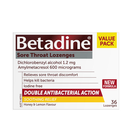 Betadine Sore Throat Lozenges Honey & Lemon 36 Lozenges