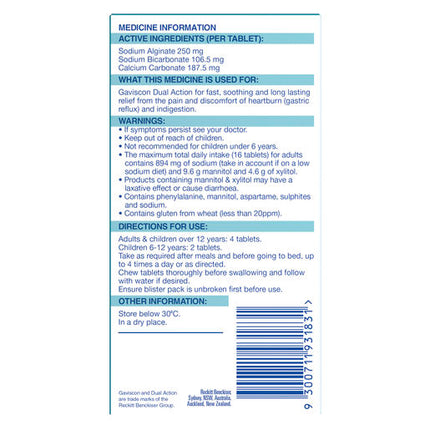 Gaviscon Dual Action Heartburn & Indigestion Relief Peppermint 32 Chewable Tablets