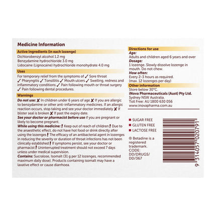 Betadine Lozenge Anaesthetic Honey Lemon 36 Lozenges