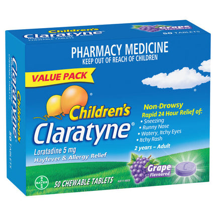 Children'S Claratyne Antihistamine Hayfever & Allergy Relief  Grape Flavoured Chewable Tablets 50 Pack