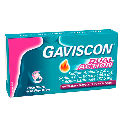 Gaviscon Dual Action Heartburn & Indigestion Relief Mixed Berry 16 Chewable Tablets