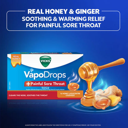 Vicks VapoDrops +Painful Sore Throat 32 Honey Liquicentre Lozenges – Cough & Cold
