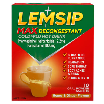 Lemsip Max Decongestant Cold and Flu Hot Drink Honey and Ginger 10 Pack