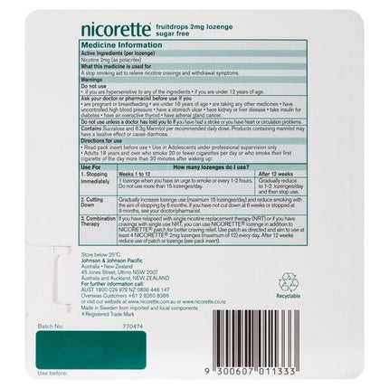 Nicorette Quit Smoking Regular Strength Nicotine Lozenge Fruitdrops 4 x 20 Pack