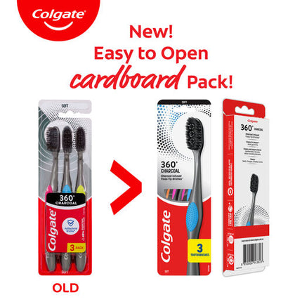 Colgate 360 Charcoal Manual Toothbrush, 3 Pack, Soft Spiral Antibacterial Bristles, Whole Mouth Clean