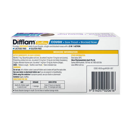 Difflam Soothing Cough + Sore Throat + Blocked Nose Lozenges Blackcurrant 16s