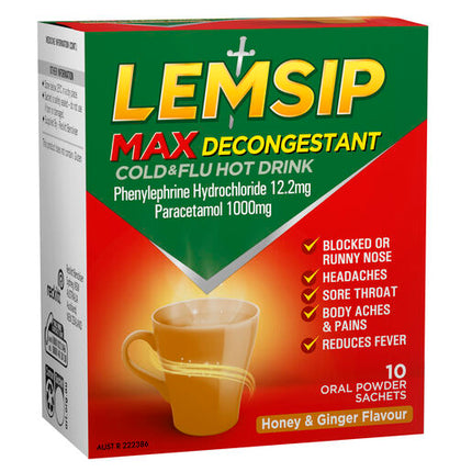 Lemsip Max Decongestant Cold and Flu Hot Drink Honey and Ginger 10 Pack