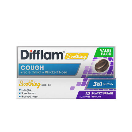 Difflam Soothing Cough + Sore Throat + Blocked Nose Lozenges Blackcurrant 32s