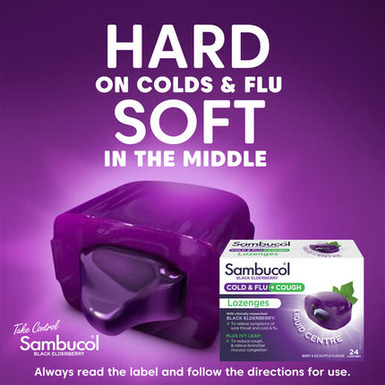 Sambucol Black Elderberry Cold & Flu + Cough Medicated Liquid Centre Lozenges