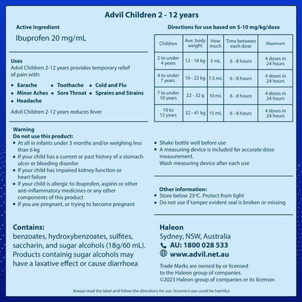 Advil Pain and Fever Relief Children's 2-12 Years 200mL