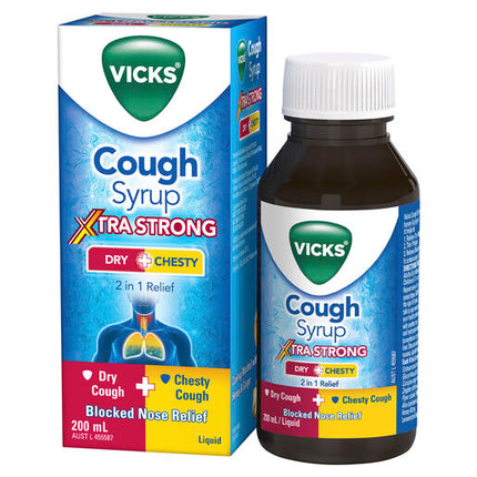 Vicks Cough Syrup Dry + Chesty Xtra Strong Cough and Cold Relief 200mL