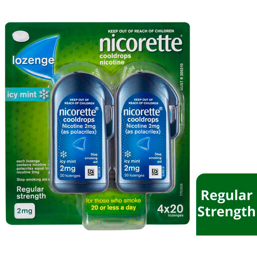 Nicorette Quit Smoking Regular Strength Cooldrops Nicotine Lozenge Icy Mint 4 x 20 Pack