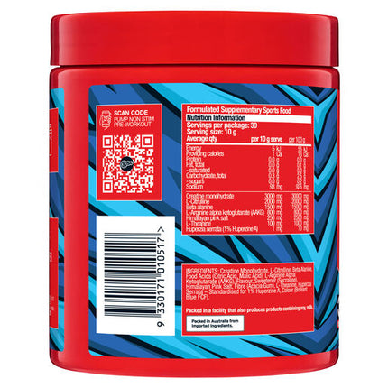 Body Science BSc PUMP Non Stim Pre-Workout Blue Sour Straps Flavour 30 Pack 300g