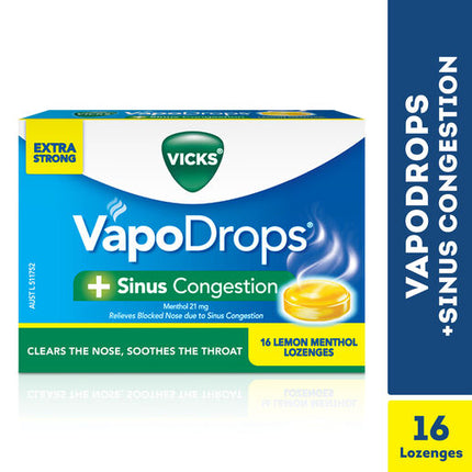 Vicks VapoDrops +Sinus Congestion Lemon Menthol 16 Lozenges – Cough & Cold