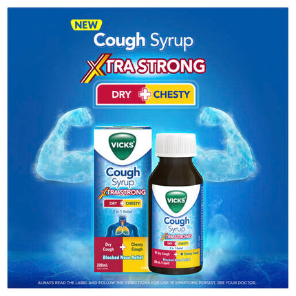 Vicks Cough Syrup Dry + Chesty Xtra Strong Cough and Cold Relief 200mL