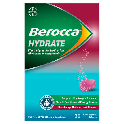 Berocca Hydrate Raspberry Blackcurrant 20 Effervescent Tablets