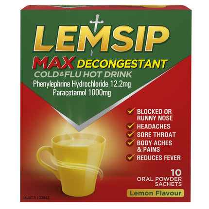 Lemsip Max Decongestant Cold and Flu Hot Drink Lemon 10 Pack