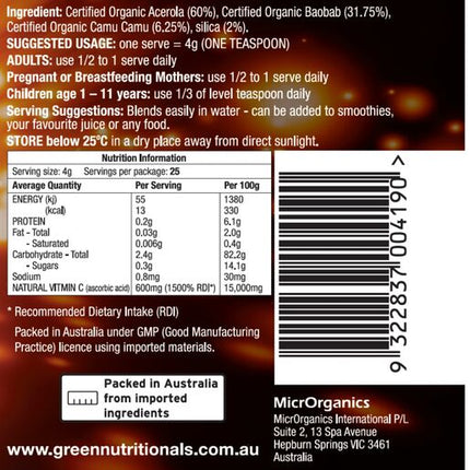 Green Nutritionals Green Vitamin C 100G Powder