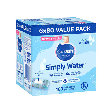 Curash Simply Water Baby Wipes 6 x 80 Value Pack