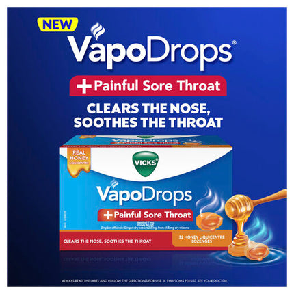 Vicks VapoDrops +Painful Sore Throat 32 Honey Liquicentre Lozenges – Cough & Cold